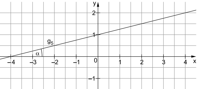 Koordinatensystem mit der Geraden g₅ und dem markierten Steigungswinkel α.
